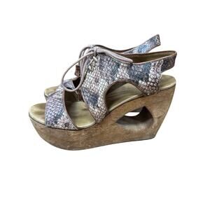 Schuler & Sons Snakeskin Lace-Up Wedges – Cut-Out Wooden Platform Heels
